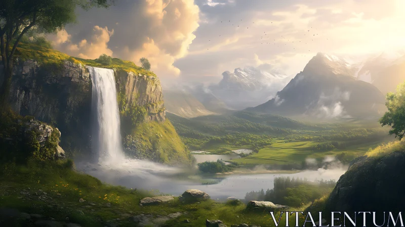 Majestic waterfall overlooks a sunlit fantasy valley panorama.