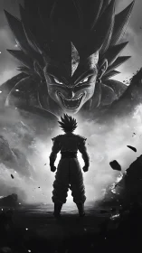 Standoff beneath towering Saiyan visage in stormy void.