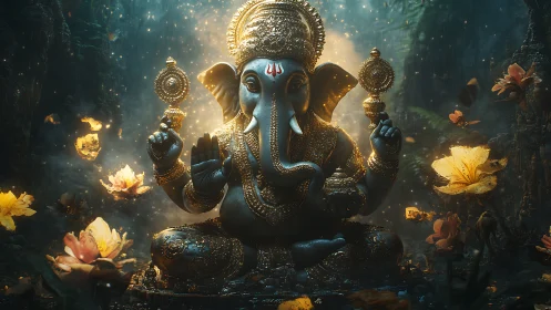 Divine Ganesha idol glows in mystical forest sanctuary light