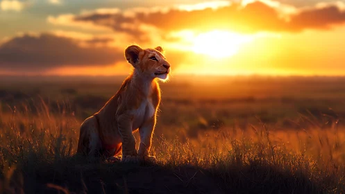 Young lion cub crowned by blazing savanna sunset glow.