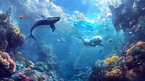 Luminous coral canyon with breaching whales in volumetric seas.