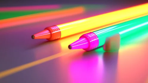 Neon gel pens rendered with vivid bokeh reflections.