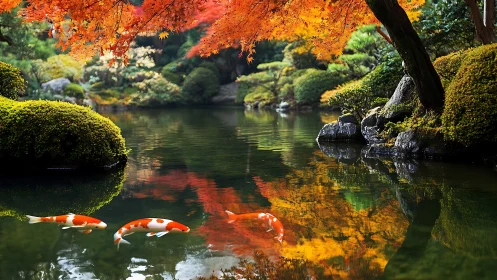 Koi fish in reflective pond beneath autumn maple canopy.
