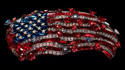 Gemstone encrusted United States flag brooch on black field