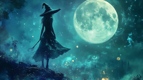 Silhouetted witch observes oversized moon in teal night sky