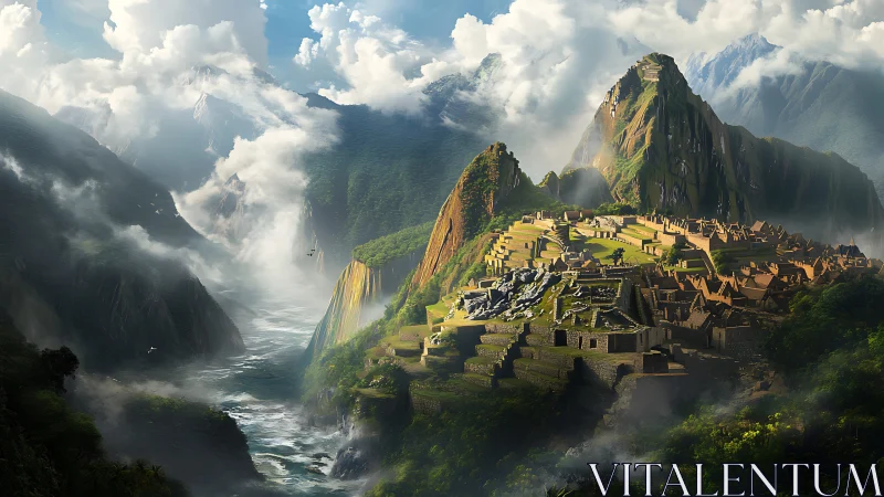 Sunlit mountain citadel wrapped in mist and memory.