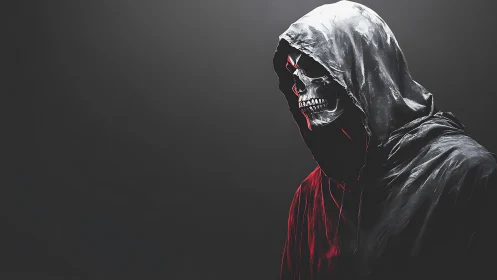 Hooded skeletal figure in dark digital horror portrait.