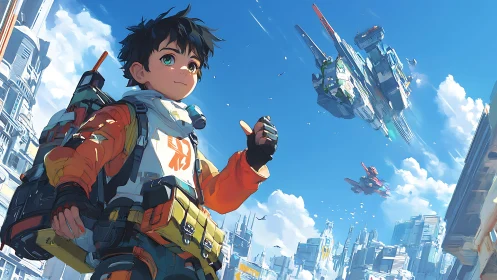 Youth explorer in futuristic aerial transit hub cityscape