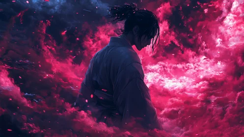 Storm of crimson clouds surrounds a quiet lone warrior soul