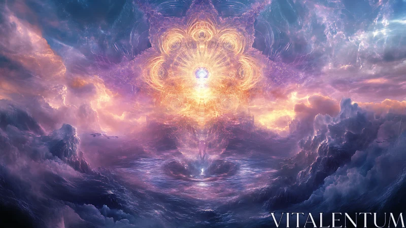 Celestial vortex blooming above storm-tossed cosmic sea.