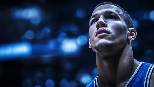 Basketball player rendered in close-up with defocused arena lights