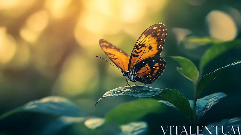 Orange butterfly on leaf in soft backlit forest setting.