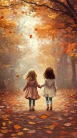 Two children hold hands walking through autumn forest path.