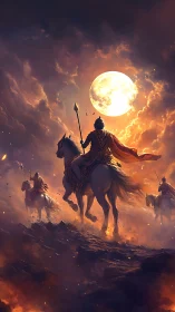 Armored horsemen ascending lava ridge beneath full moon