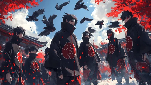 Dark cloaked figures with red cloud symbols in courtyard.