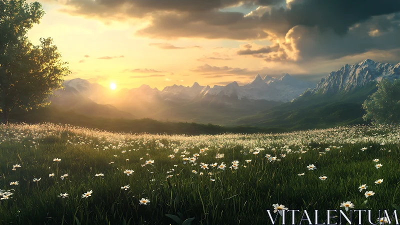 Soft golden sunrise warms wildflower meadow and quiet peaks