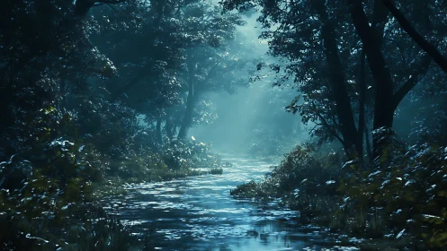 Enchanted Forest Stream in Serene Moonlight.