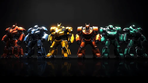 Chromatic combat mechs in cinematic studio backlight lineup.
