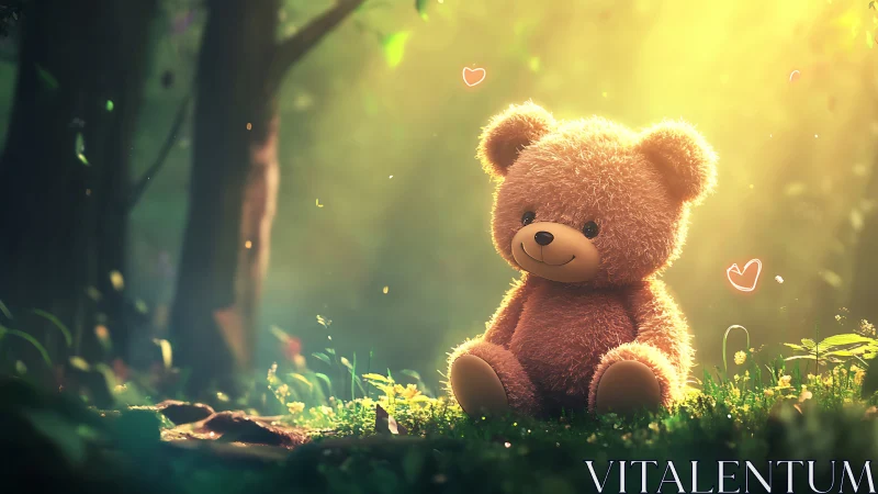 Smiling teddy bear glows softly in an enchanted forest clearing
