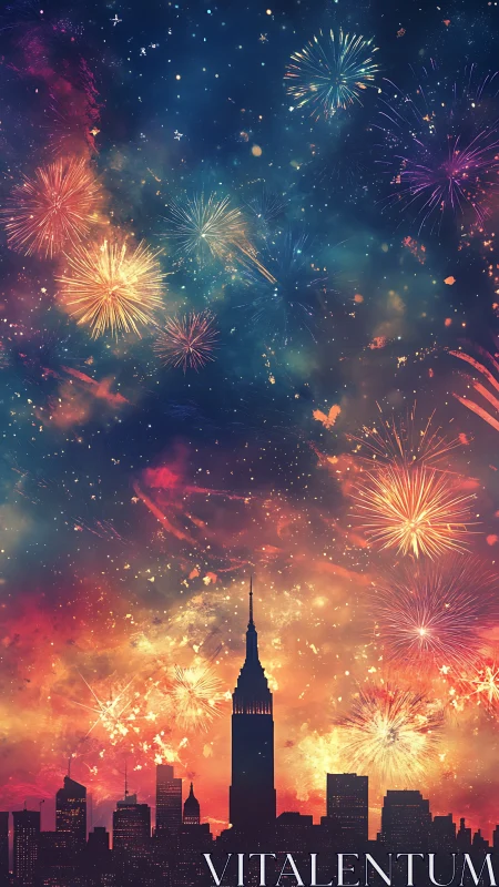 Fireworks burst above silhouetted city skyline at night