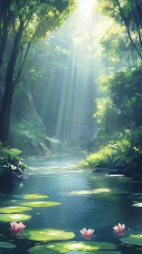 Luminous Forest Stream with Lotus Flowers