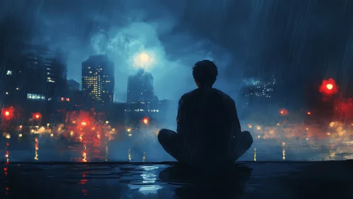 Silhouetted figure studies rain‑soaked cityscape under diffuse moonlight