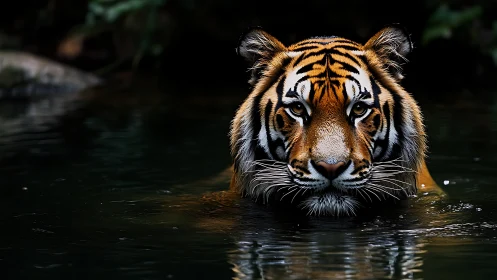 Majestic tiger wades through dark forest water at dusk.