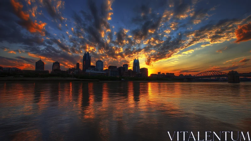 Fiery riverfront sunset silhouettes modern city skyline