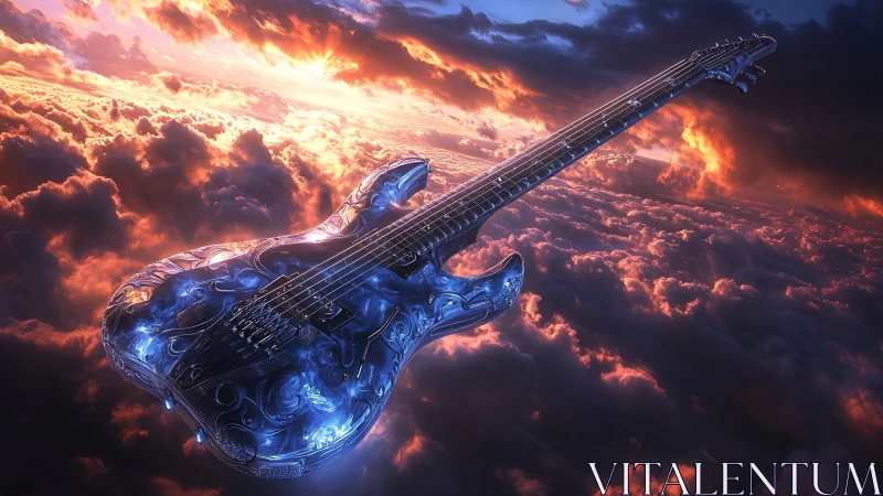 Celestial glass guitar drifting through stormlit nebula skies.