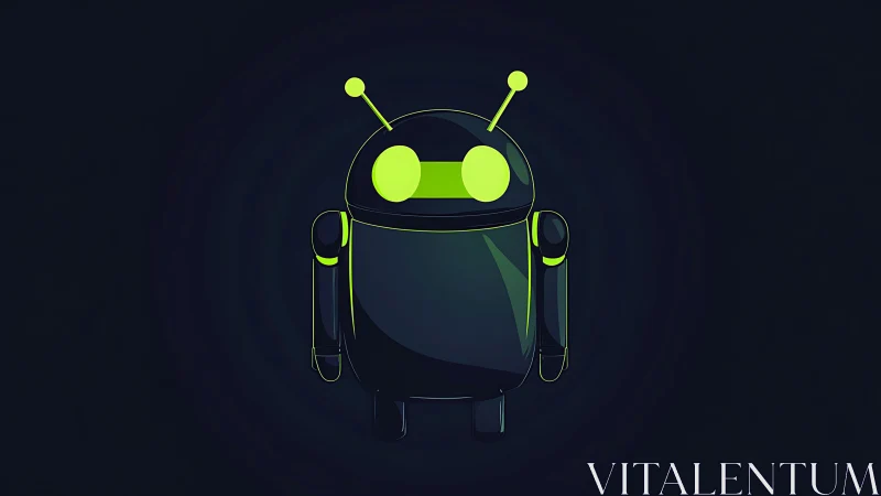 Neon green robot icon on dark background, frontal view.