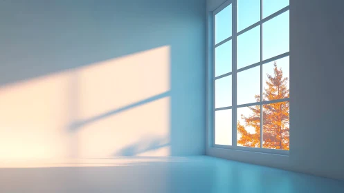 Sunlit minimalist room with autumn tree framed outside window.