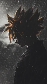 Side-lit spiky haired figure stands in heavy angled rainfall