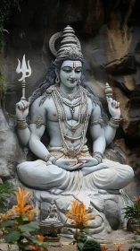 Peaceful Shiva statue radiating calm in a rocky sanctuary.