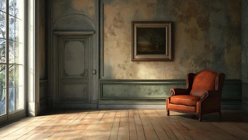 Sunlit interior corner with leather chair and framed painting.