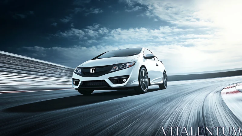 Aerodynamic white Honda coupe on motion-blurred racetrack.