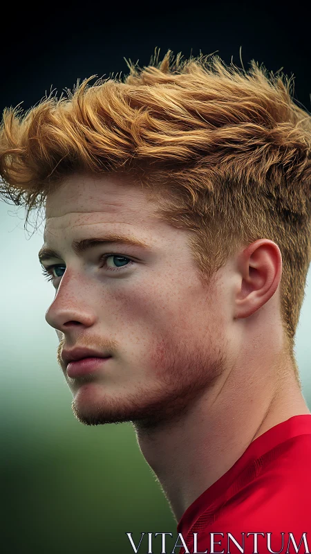 Red-haired young man portrait in soft outdoor light.
