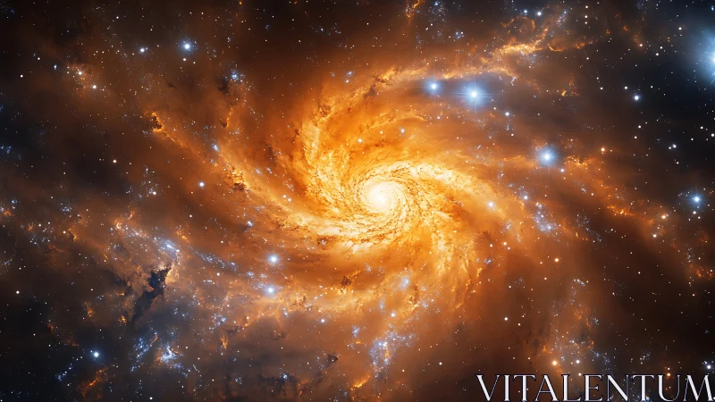 Fiery spiral galaxy swirls amid dense star-filled cosmos.