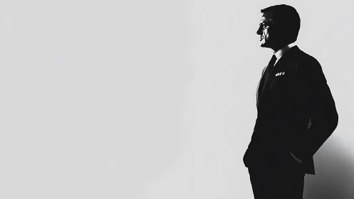 Silhouetted businessman in suit against plain background.