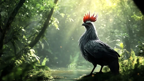 Majestic black bird with red crest in lush, sunlit jungle scene.