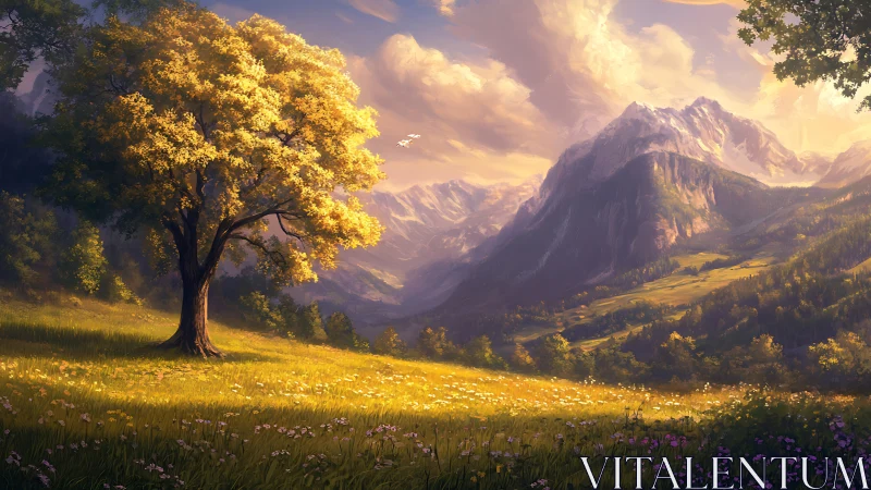 Golden meadow tree against atmospheric alpine mountain range