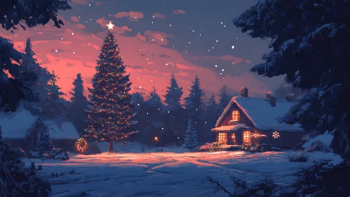 Snowy cabin glows warmly beside a sparkling Christmas tree