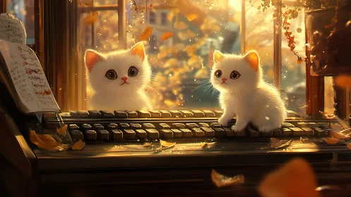 Two White Kittens Positioned on Piano Keyboard with Warm Lighting
