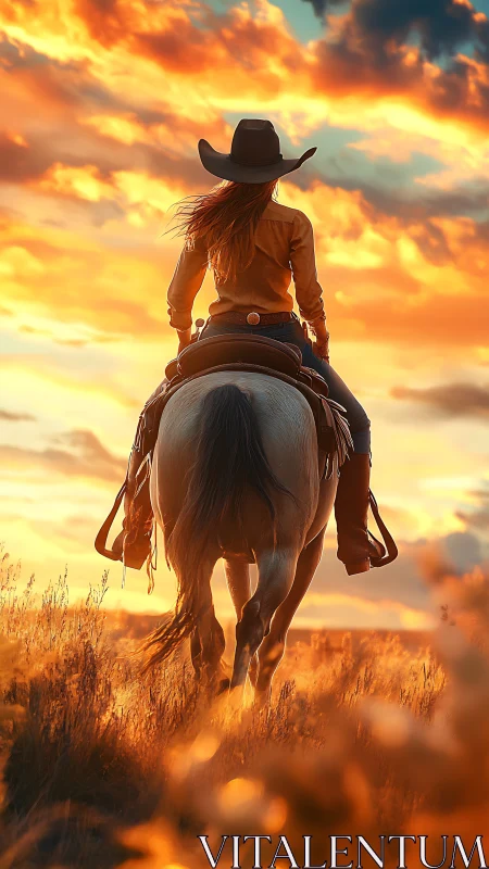 Sunset trail ride with a lone cowgirl in glowing fields.