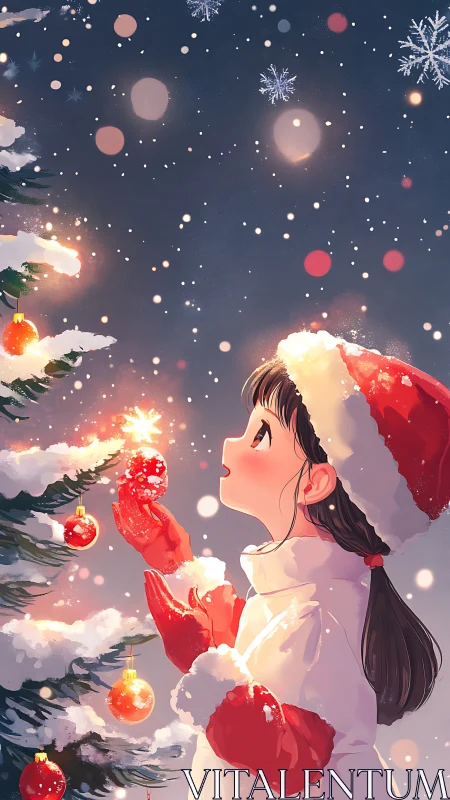 Anime girl decorates snowy Christmas tree under starlit sky.