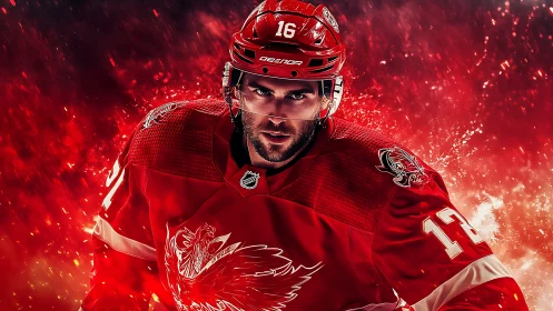 Red‑armored skater erupts from a storm of blazing ice shards