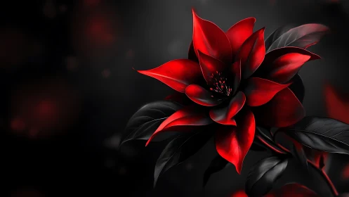 3D rendered red flower with dark leaves against black background.
