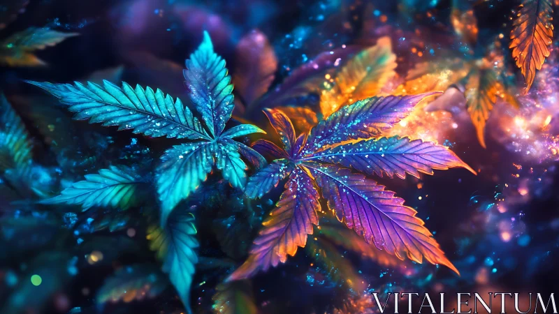 Glowing neon forest leaves shimmer in dreamy cosmic light