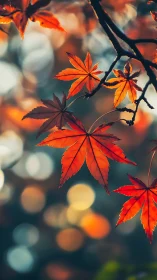 Autumn maple leaves glow against soft bokeh forest light