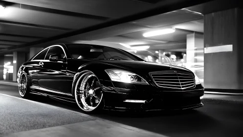 Sleek luxury sedan glides through a modern parking garage