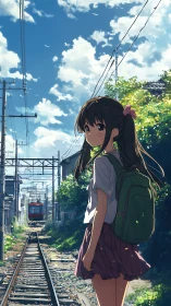 Girl stands on railway track beside houses under bright sky